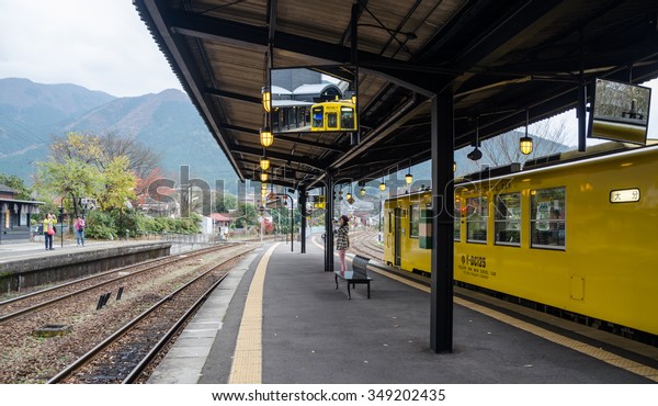 OITA, JAPAN - NOVEMBER 16, 2015 : A classic design\
train at a platform on November 16, 2015 in Yufuin station, Oita,\
Japan. Classic train is one of the tourist attraction in Kyushu\
Island, Japan.