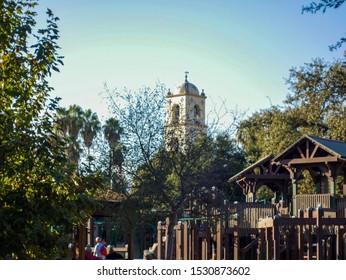 Ojai, CA / United States - October 12 2019: A day in the sun at the Ojai Days festival. Beautiful bell tower beyond the trees.