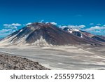 Ojos del Salado highest volcano on Earth mountain summit in Atacama desert in Chile. Volcanic mountain landscape in arid dry altiplano high altitude plains of chilean terrain