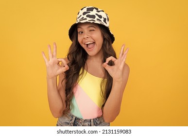 Ok Gesture. Childhood Happiness. Summer Party Look. Happy Funny Kid In Bucket Hat.