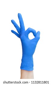 Ok Sign  Made Of  Blue Medical Gloves. Fingers Okay Symbol.Healthy Lifestyle, Vitamins, Vaccination, Afraid Of Injections, Medical Store, Pharmacy,  Recovery, Useful Habits, Proper Nutrition