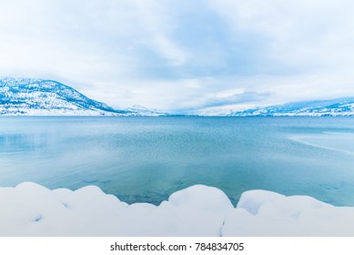 Okanagan Lake And Mountains In Winter After A Snowstorm