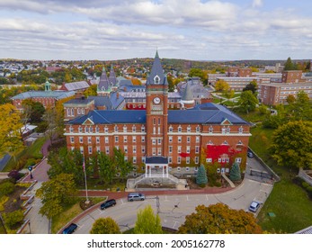 O'Kane Hall aerial view in College of the Holy Cross with fall foliage in city of Worcester, Massachusetts MA, USA. 