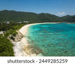 Okinawa, Japan: Aerial view of the Aharen beach in the tropical Tokashiki island in Okinawa in the Pacific Ocean.