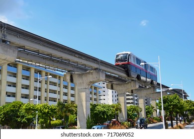 OKINAWA JAPAN - JULY 22 2017 : Monorail in Japan. A monorail is a railway in which the track consists of a single rail. The monorail is the only working railway in Okinawa prefecture.