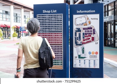 OKINAWA, JAPAN,23 September 2017 : The New Shop List Directory Install For Tourist Information In Shopping Mall.