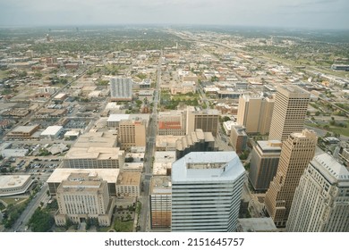 Oklahoma City, OK, USA - April 23 2022: Downtown Skyscrapers And Capitol Building Drone Shot Ariel View From Devon Tower, Downtown Of OKC