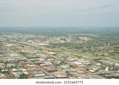 Oklahoma City, OK, USA - April 23 2022: Downtown And Capitol Building Drone Shot Ariel View From Devon Tower, Downtown Of OKC