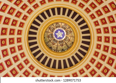 Oklahoma City, Oklahoma, United States of America - January 18, 2017. Ceiling of the dome of State Capitol of Oklahoma, with the great seal of the state of Oklahoma.