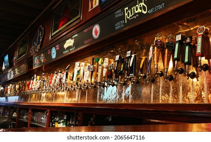 OKLAHOMA CITY, UNITED STATES - Feb 15, 2016: A Selection Of Many Beer Taps In The Bar, Oklahoma City, United States