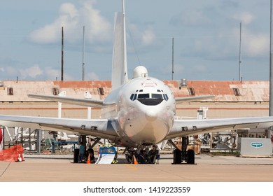 OKLAHOMA CITY, OKLAHOMA / USA - June 2, 2019: A U.S. Navy E-6 Mercury Sits On Static Display At The Star Spangled Salute Air & Space Show At Tinker Air Force Base.