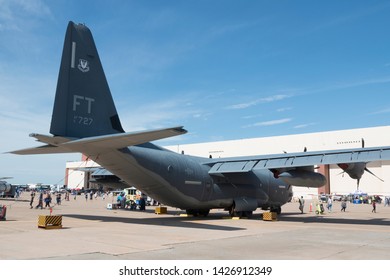 OKLAHOMA CITY, OKLAHOMA / USA - June 2, 2019: A United States Air Force C-130 Hercules Sits On Static Display At Tinker Air Force Base.