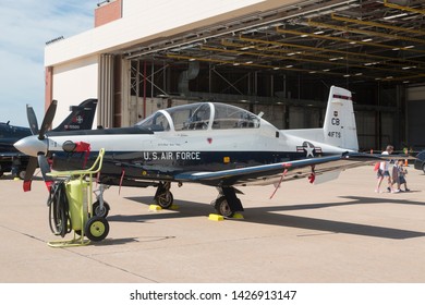 OKLAHOMA CITY, OKLAHOMA / USA - June 2, 2019: A United States Air Force T-6 Texan II Sits On Static Display At Tinker Air Force Base.