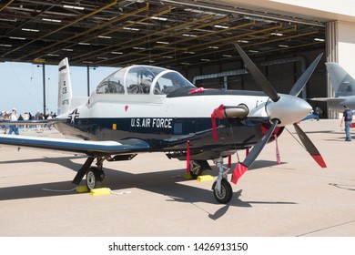 OKLAHOMA CITY, OKLAHOMA / USA - June 2, 2019: A United States Air Force T-6 Texan II Sits On Static Display At Tinker Air Force Base.