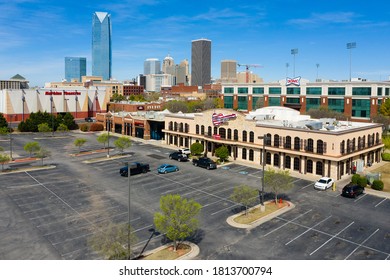 Oklahoma City, Oklahoma / USA - March 2020: Bricktown Oklahoma City Skyline During Covid 19 Stay At Home Orders Leave Businesses Dark And Parking Lots Empty.