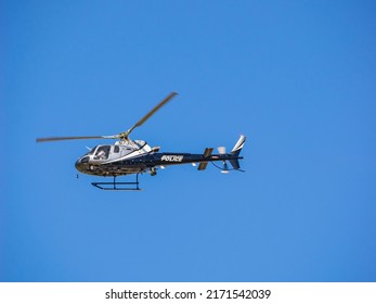 Oklahoma, JUN 25 2022 - Sunny View Of The Police Helicopter Supporting Oklahoma City Pride Pridefest Parade