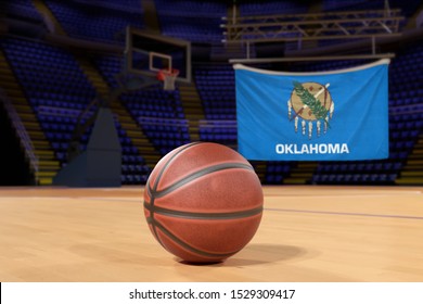 Oklahoma state flag and basketball on Court Floor