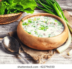 Okroshka,a Cold Summer Soup Of Fresh Vegetables,meat And Yogurt