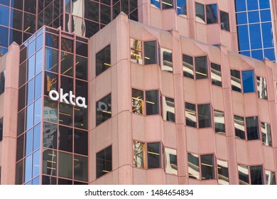 Okta headquarters facade. Okta, Inc. is a publicly traded identity and access management company - San Francisco, California, USA - Circa, 2019