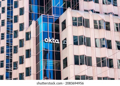 Okta sign, logo on headquarters building of software company. Okta, Inc. is an American identity and access management company - San Francisco, California, USA - 2021