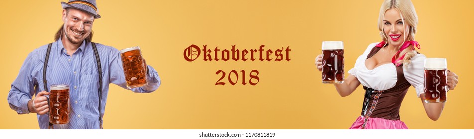 Oktober fest woman waitress, wearing a traditional Bavarian dress, serving big beer mugs on black background. Oktoberfest banner or poster.