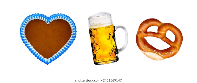 Oktoberfest gingerbread heart beer and pretzel isolated on white background - Powered by Shutterstock