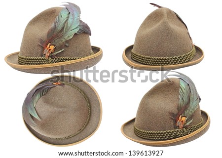 oktoberfest hunting decorated hat in four different views over white background