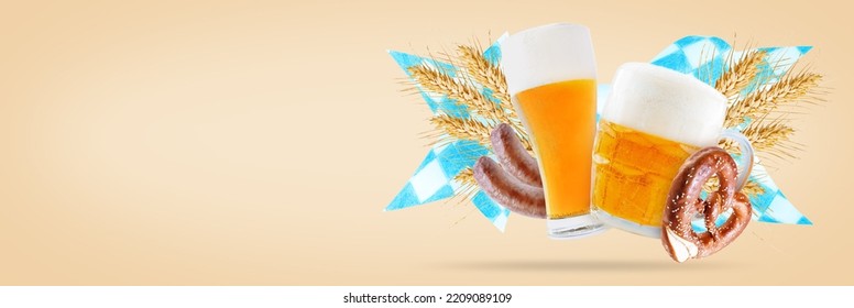 Oktoberfest Party Background Illustration With Fresh Lager Beer, Pretzel, Sausage And Blue And White Party Flag. Toning