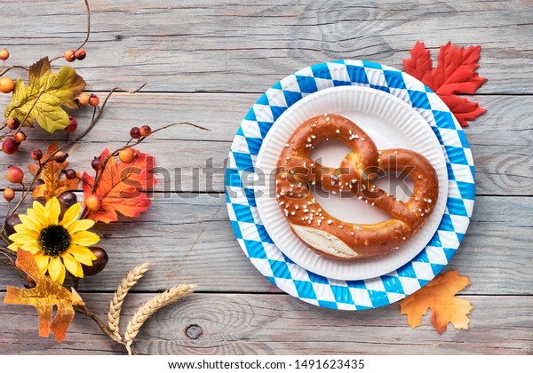 Oktoberfest Rustic Background Two Prezels Blue Stock Photo Edit