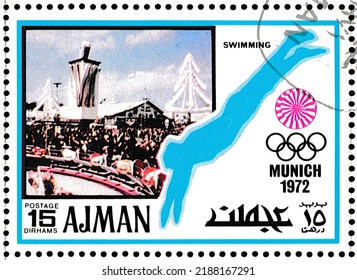 Oktoberfest, Swimming - Ajman, Circa 1971: Summer Olympics 1972 Postage Stamp, Munich (III).