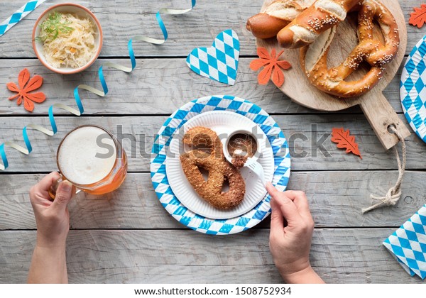 Oktoberfest Traditional Food Beer Hands Holding Stock Photo Edit