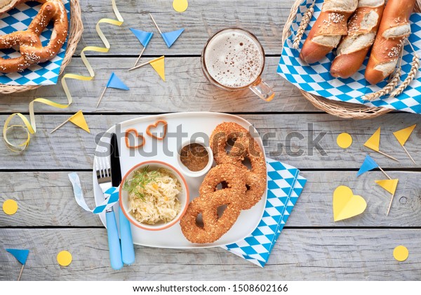 Oktoberfest Traditional Food Beer Leberwurst Pretzels Stock Photo