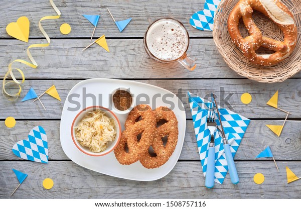 Oktoberfest Traditional Food Beer Leberwurst Pretzels Stock Photo