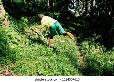 Olal Village, Ambrym Island / Vanuatu - 9 JUL 2016 : School Student Kid In A Uniform Next To His Village Hunting For Small Birds With A Boomerang In The Tropical Rainforest Jungle