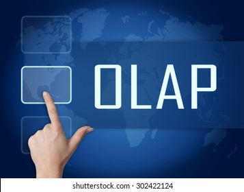OLAP - Online Analytical Processing concept with interface and world map on blue background