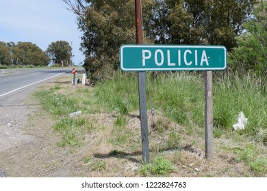 Olavarria, Provincia de Buenos-Aires, Argentina, 2018. A sign on the road written in Spanish, the police. - Shutterstock ID 1222824763