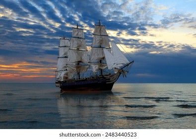 Old 18th century ship on calm ocean water at sunset - Powered by Shutterstock