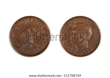 Old 1951 Australian half penny coin, front and back, isolated on white.  Pre-decimal copper.