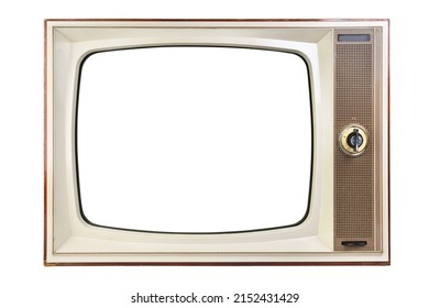 Old 1970s TV With White Screen Isolated On White Background. Vintage TVs 1960s 1970s 1980s 1990s 2000s.