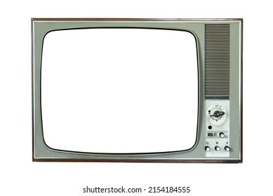 Old 1970s TV With White Screen Isolated On White Background. Vintage TVs 1960s 1970s 1980s 1990s 2000s.