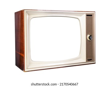 Old 1970s TV With White Screen Isolated On White Background. Vintage TVs 1960s 1970s 1980s 1990s 2000s.