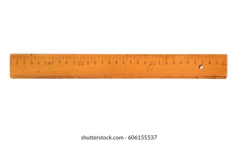 Old 30 Cm Wooden Ruler Isolated On A White Background