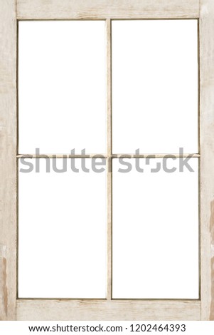 Old 4 pane residential wooden window frame isolated on white with clipping path included.