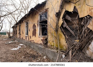 Old abandoned barrack house. Broken glass and broken walls