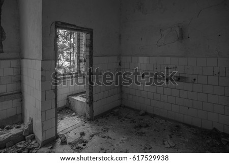 Similar – Morbid mood. A toilet bowl stands in a dilapidated house. Wallpaper and paint come off the wall and through an open window you can see a shrub