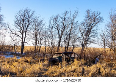 A Old Abandoned Car In A Farm Feild Near Saskatoon, Saskatachewan Canada