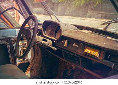 Old Abandoned Car Interior Covered With Dust