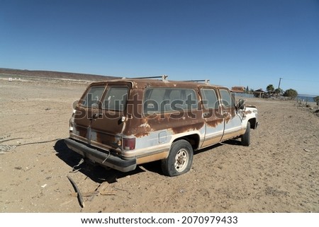 old abandoned car in junkyard in San Juanico Mexico Baja California Sur 