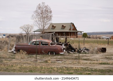 Old Abandoned Car In Small Beat Up Coal Country Ghost Town