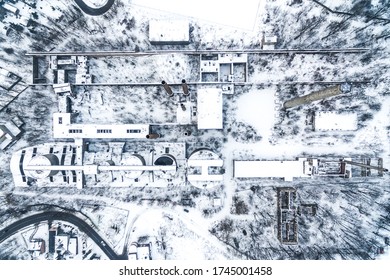 Old Abandoned Cement Factory Winter Snow Time In Bedzin Poland Aerial Drone Photo